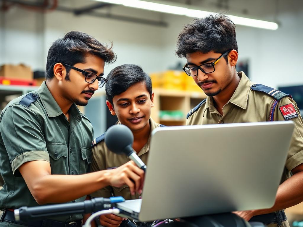Students working on EV controller wiring with laptop