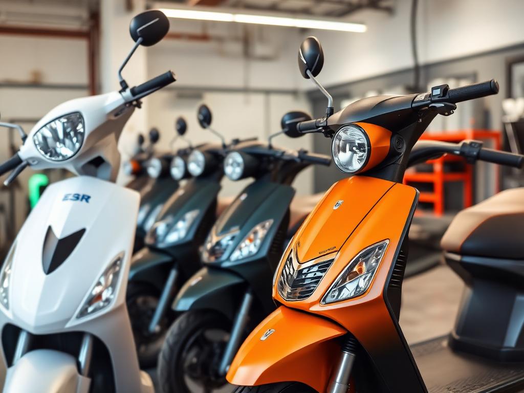 Row of electric scooters in service workshop